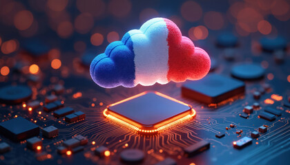 Vibrant digital cloud shaped like French flag floats above processor chip. Illustration represents technological advancement, innovation within European tech sector. Connectivity, future computing.