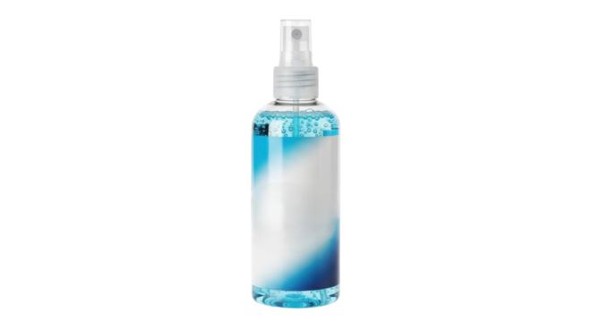 Clear plastic spray bottle with blue liquid, ideal for cosmetic or cleaning product branding isolated PNG with Transparent Background