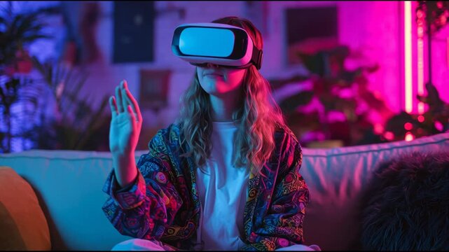 Young Woman Experiencing Virtual Reality in Neon Lit Living Room, Interacting with Metaverse Technology