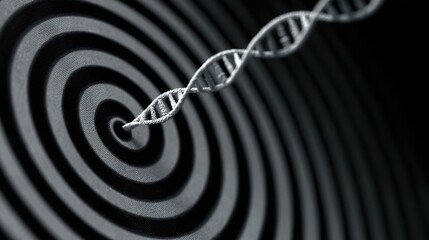 Spiral Pattern with DNA Helix on Dark Background Featuring Curved Lines and Repetitive Graphic Design Elements