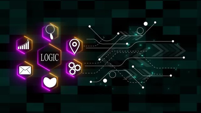 Digital Logic Diagram with Hexagonal Icons and Circuitry Pattern technology