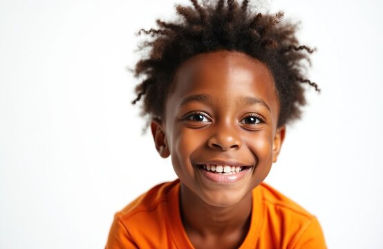 Little cute African American boy smiles. Young child looks at camera on white background. Schooler poses in orange tshirt. Portrait of happy preschool kid. Education concept. Smart and joyful.
