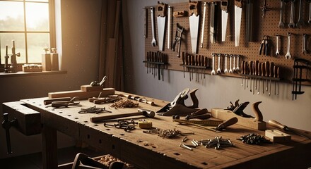 A carpenters workbench is covered with tools and materials, with a window in the background and a wall with tools hanging on it, creating a cozy and productive atmosphere