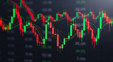 Closeup of a stock market chart with red and green candlesticks indicating price fluctuations, reflecting investment trends and financial analysis in trading