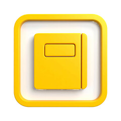 A bright yellow book icon, square and 3D, sitting in a rounded square frame