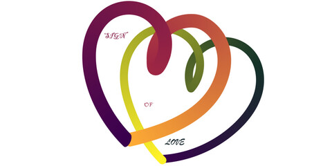 Obraz premium A symbolic design of three intertwining, thick, continuous, fluid, 3D tube-like lines forming a stylized heart shape, each with a smooth color gradient (deep purple to reddish-brown, lime green to oli
