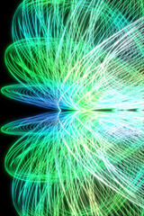 緑色のグラデーションの光の筋が美しい曲線を描く3DCG縦長黒背景