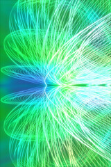 Obraz premium 緑色のグラデーションの光の筋が美しい曲線を描く3DCG縦長緑背景