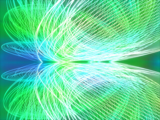 緑色のグラデーションの光の筋が美しい曲線を描く3DCG緑背景