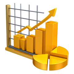 Golden financial chart with upward arrow, bar graph, and pie chart, on a black background