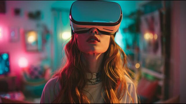 Young woman immersed in virtual reality wearing VR headset, illuminated by futuristic pink and cyan neon lights, exploring the metaverse.