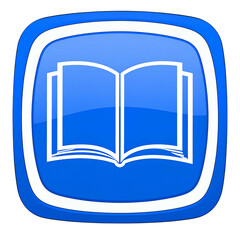 Open book illustration within a square button, blue with white borders, on black