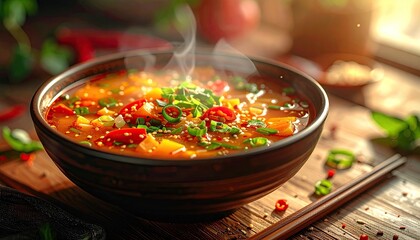 Steaming Bowl of Spicy Vegetable Stew Garnished with Fresh Herbs and Chili Peppers on a Wooden Table with Soft Morning Light