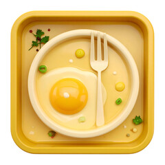 Stylized 3D rendering of a breakfast plate with egg, fork, and seasonings