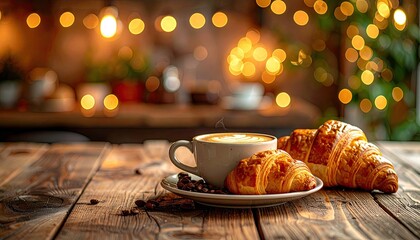 Steaming Cup of Coffee and Croissants on a Wooden Table with Golden Bokeh Lights Background Cozy Morning Atmosphere Warm Illumination