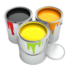 Three open paint cans with different colors and drips on a black background