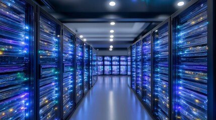 Futuristic data center with racks of quantum processors glowing with neon circuitry, showing high-tech computing infrastructure, next-gen quantum hardware, and AI research environment. cinematic
