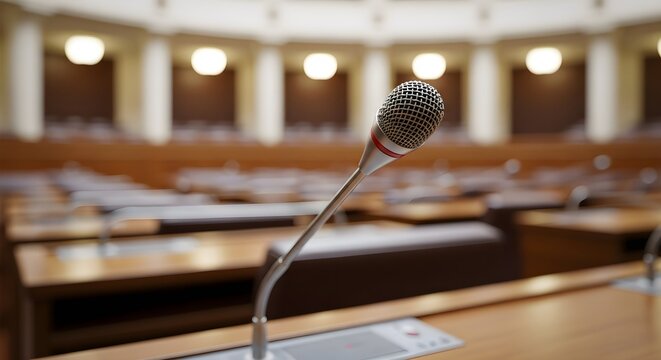 Microphone in empty conference hall ready for presentation.