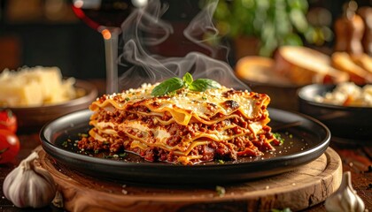 Steaming hot cheesy meat lasagna served on a rustic wooden table with garlic tomatoes and bread in the background a glass of red wine sits to the side in soft focus lighting