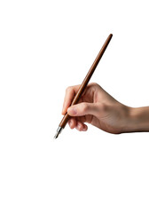 Graceful young adult hand holding a wooden calligraphy pen, creating an intricate black ink swirl on an invisible surface in a clean studio, transparent background. Concept of skilled calligraphy