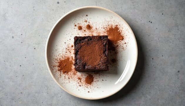Square piece of rich chocolate brownie dusted with cocoa powder on white plate. Sweet baked dessert on gray concrete background. Top view food photo.