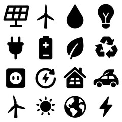 Sustainable Symbols: A collection of concise icons encapsulates the essence of renewable energy, environmental conservation, and ecological harmony, creating visual language of green practices.