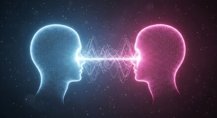Conceptual illustration of two minds connected by energy waves.