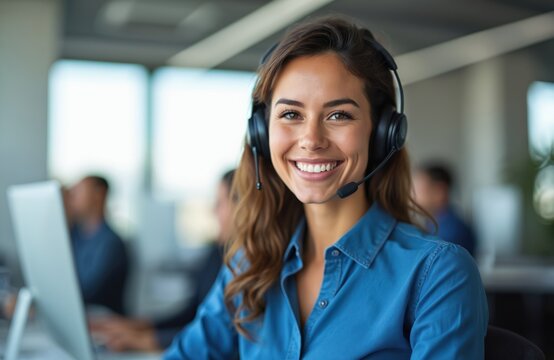 Cheerful female call center agent smiles while wearing headset, blue shirt. She works at computer in modern office setting providing customer support. Positive attitude reflects pro service.