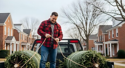 Smiling man in plaid shirt carefully secures fresh Christmas trees in the back of his pickup truck, ready for holiday decorating in a suburban setting