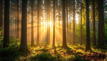 Golden Sun Rays Shine Through Pine Forest Trees Illuminating Forest Floor With Lush Greenery And Wildflowers At Sunrise