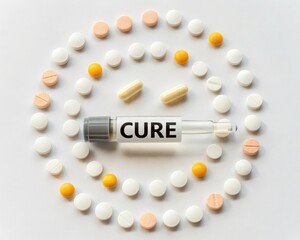 Symmetrical Arrangement of Pills and Dropper Labeled "CURE"
