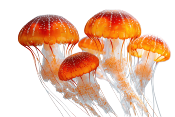 Cluster of jellyfish with orange caps and flowing tentacles