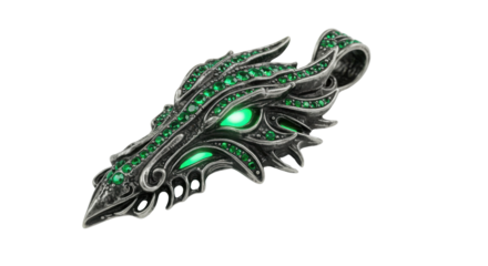 Detailed silver dragon head pendant with glowing green emerald gemstones, fantasy jewelry item isolated PNG with Transparent Background