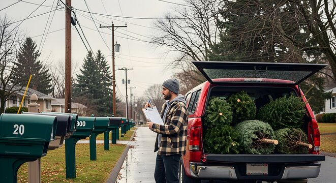 Dedicated delivery person organizes fresh evergreen trees in a pickup truck on a suburban street, preparing for festive holiday season deliveries to homes