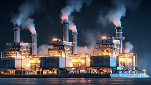 Industrial Majesty: A sprawling industrial complex, a symbol of progress, belches plumes of smoke into the darkening sky, its numerous chimneys silhouetted against the night.
