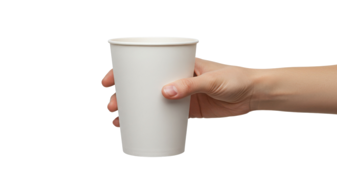 Human hand holding large blank disposable paper cup ready for logo design mockup isolated PNG with Transparent Background - Powered by Adobe