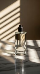 Elegant perfume bottle on marble surface with sunlight and shadow creating a sophisticated and luxurious ambiance