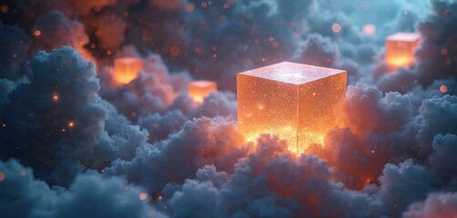 Abstract artwork features glowing cubes in fluffy clouds. Bright structures float among stardust particles. Celestial theme illustration for digital design. Futuristic concept with cosmic elements.