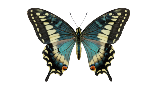 Striking blue, yellow, and black butterfly specimen suitable for design projects and nature themes isolated PNG with Transparent Background