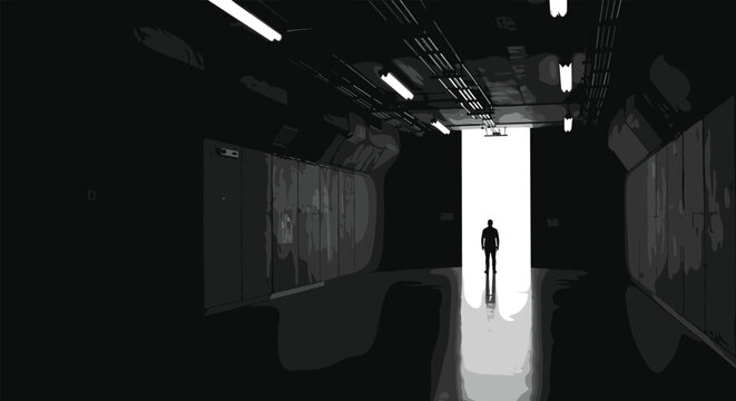 Industrial corridor, silhouette figure, dramatic lighting, mystery atmosphere, reflective floor, urban architecture, solitary person, cinematic hallway, moody shadows, exit light - Powered by Adobe