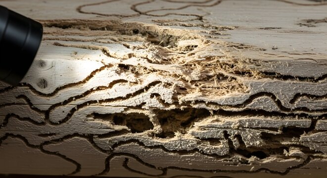 Termite damage to wood inspection with flashlight pest infestation.