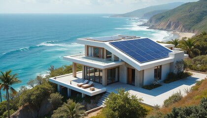 Fototapeta premium Modern luxury house sits on cliff overlooking vast blue ocean with waves. Solar panels cover roof, providing green energy. Green hills, sandy beach, palm trees surround eco friendly home. Offers