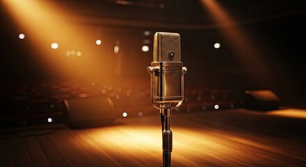 A vintage microphone stands on a wooden stage bathed in warm spotlights, evoking a sense of performance, nostalgia, and the golden age of entertainment and music