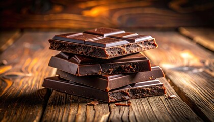 Stack of Dark Chocolate Bars on Rustic Wooden Surface with Warm Lighting