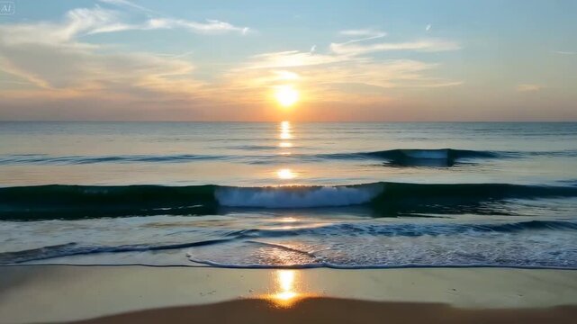 Animasi pemandangan pantai saat matahari terbit dengan ombak lembut dan refleksi cahaya keemasan di pasir basah. Suasana damai dan alami yang menenangkan.
