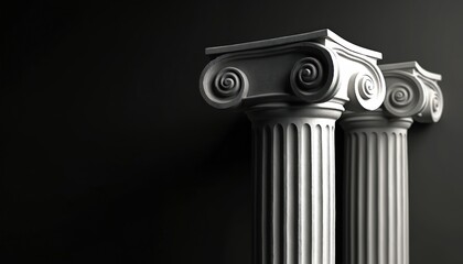 Two classical columns stand against dark backdrop. Fluted shafts, scroll capitals display architectural style. Photo presents timeless design, elegance. Columns represent support, stability, history.
