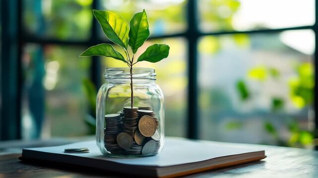 A seedling grows from a jar filled with coins on a book - Powered by Adobe
