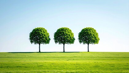 Fototapeta premium Three Symmetrical Rounded Green Trees in a Vibrant Grassy Field Under a Clear Blue Sky on a Sunny Day Creating a Simple Peaceful Landscape