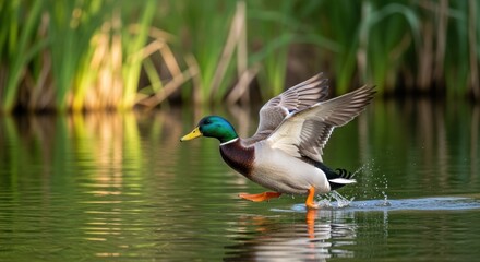 Fototapeta premium Mallard Duck Taking Flight, Wings Spread, Water Splash, Nature's Beauty.