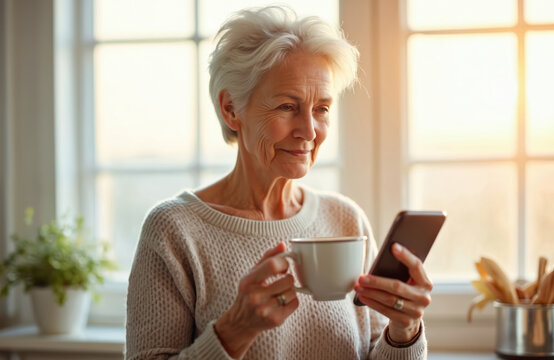 Senior woman uses phone, drinks coffee at home. Mature female reads news online, browses social media. Elderly person enjoys modern tech and drinks tea alone indoors. - Powered by Adobe